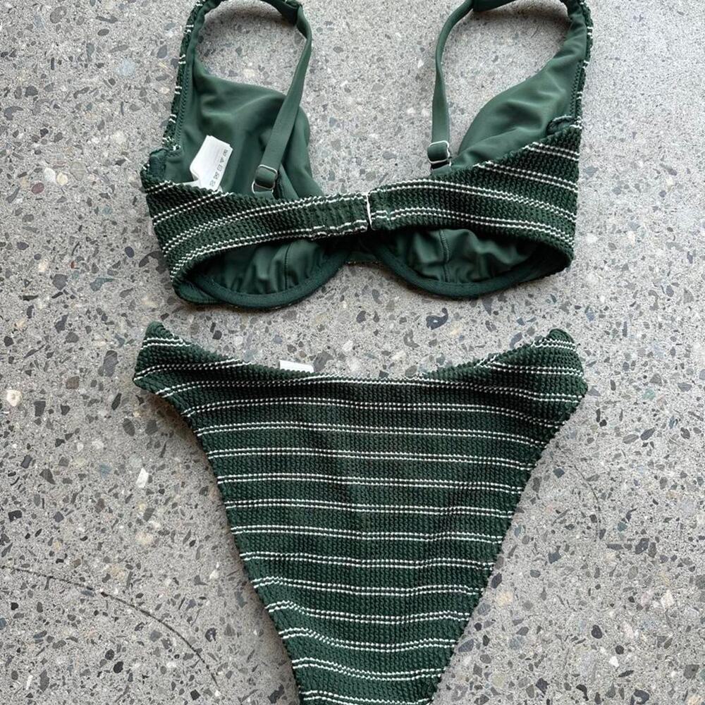 Abercrombie & Fitch XS Bikini Green White Textured Stripe Underwire High Cut - Picture 3 of 3